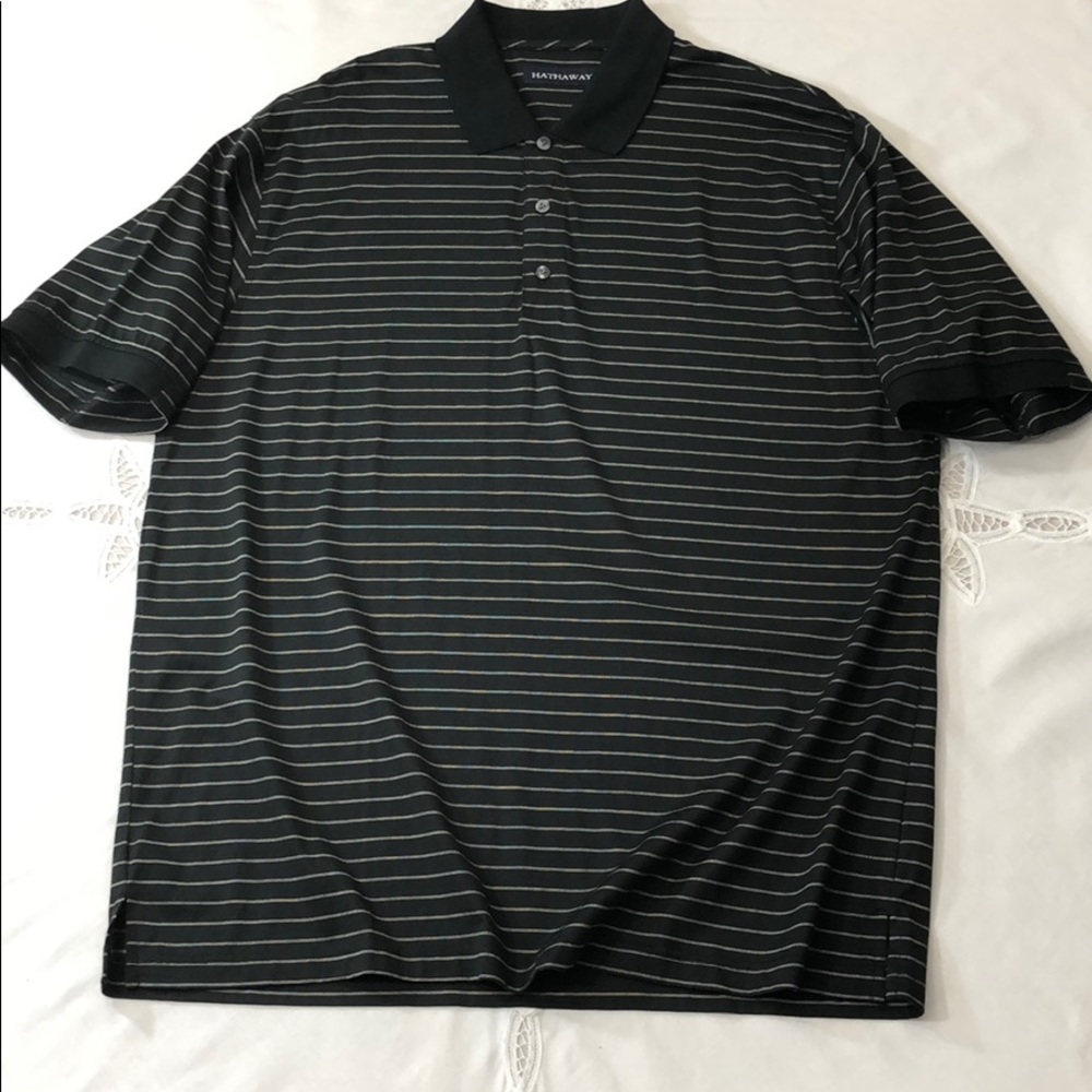 HATHAWAY Black Striped Polo Button Collar Comfy! L